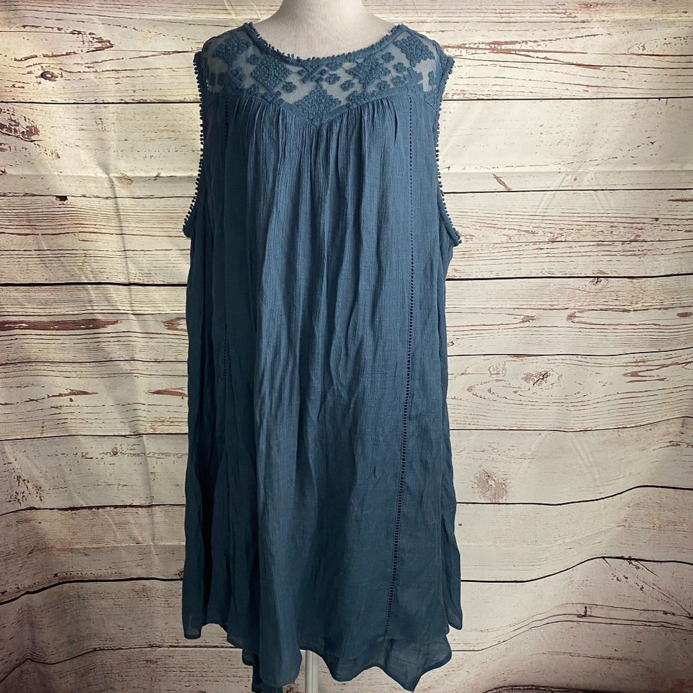 Studio Woman Embroidered Boho Tunic Dress Plus 3X Blue Sheer Lace Pom Pom Trim